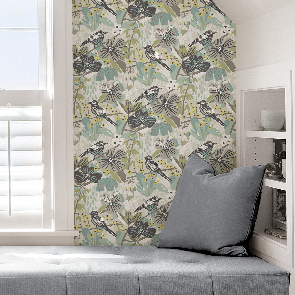 Grey Aqua Jaybird Peel and Stick Wallpaper - Brewster Wallcovering