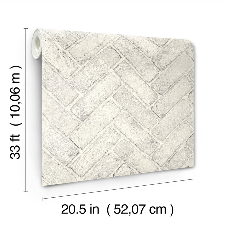 Canelle White Brick Herringbone Wallpaper - Brewster Wallcovering