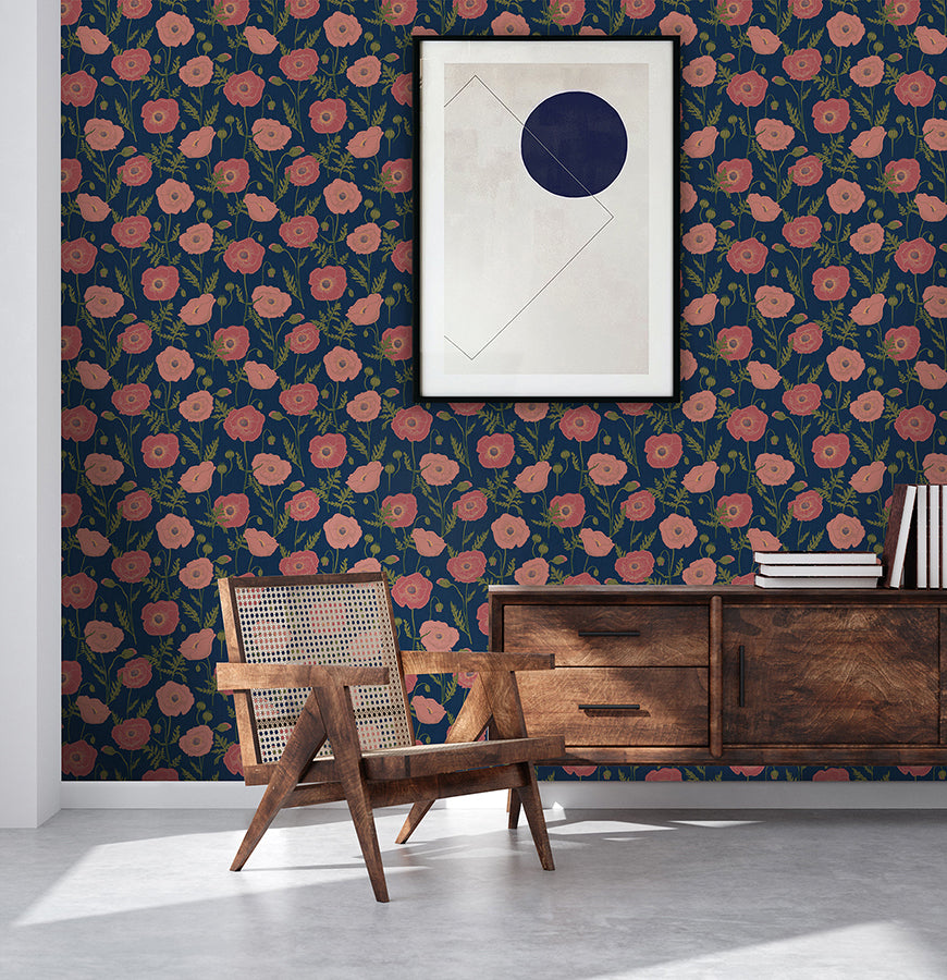 Navy Pink Poppy Field Peel and Stick Wallpaper - Brewster Wallcovering