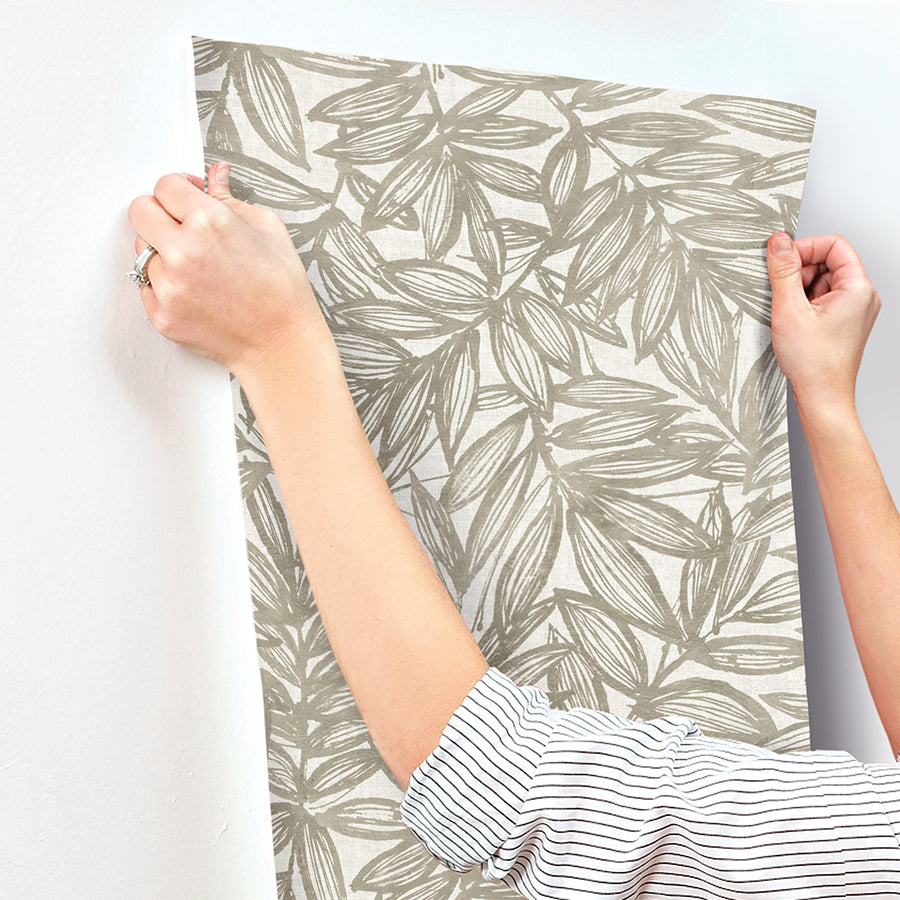 Rhythmic Taupe Leaf Wallpaper - Brewster Wallcovering