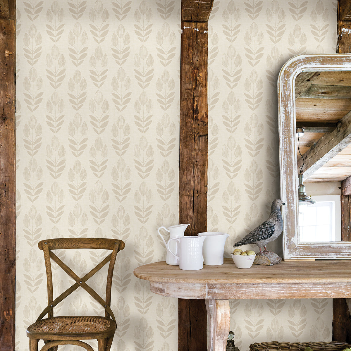 Cream Folk Tulip Peel and Stick Wallpaper - Brewster Wallcovering