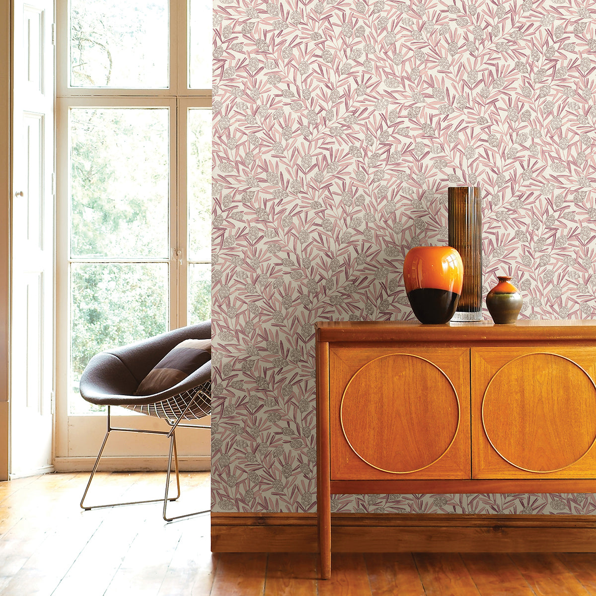 Zulma Pink Decorative Botanical Wallpaper - Brewster Wallcovering