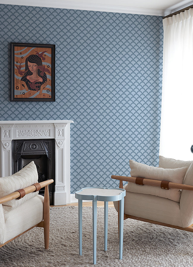 Blue Deco Wave Peel and Stick Wallpaper - Brewster Wallcovering