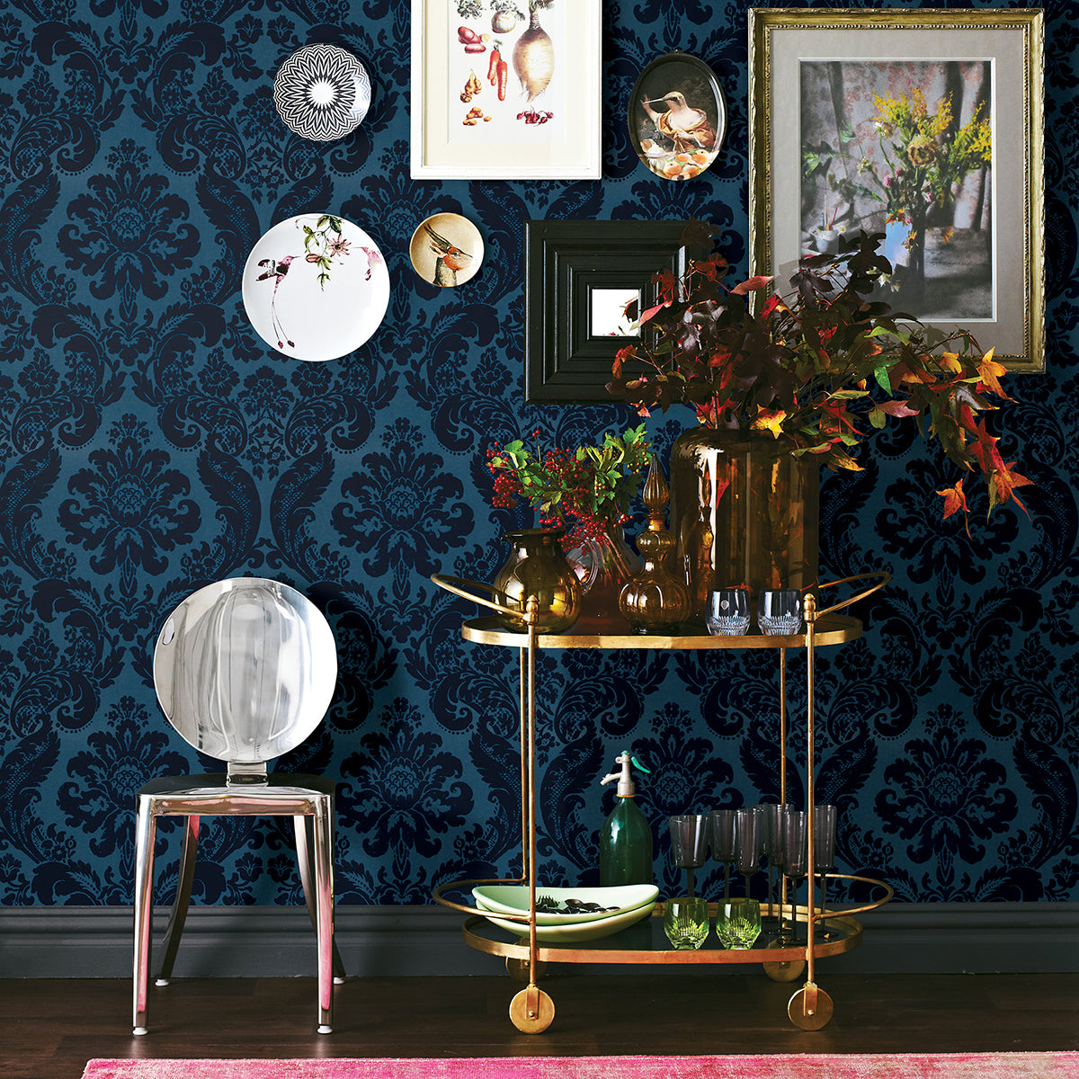 Shadow Blue Flocked Damask Wallpaper - Brewster Wallcovering