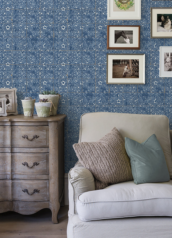 Cobalt Sea Provincial Tile Peel and Stick Wallpaper - Brewster Wallcovering