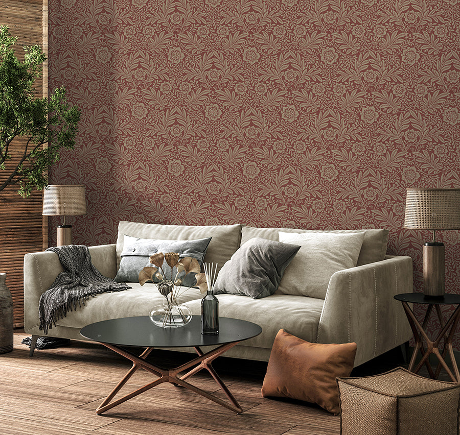 Camille Red Damask Wallpaper - Brewster Wallcovering