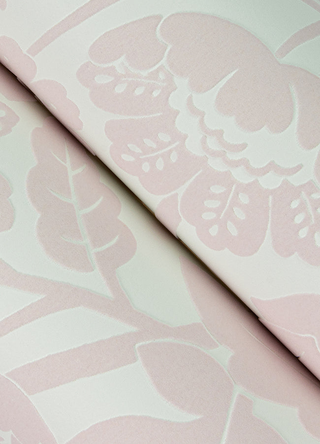 Augusta Pink Flock Damask Wallpaper - Brewster Wallcovering