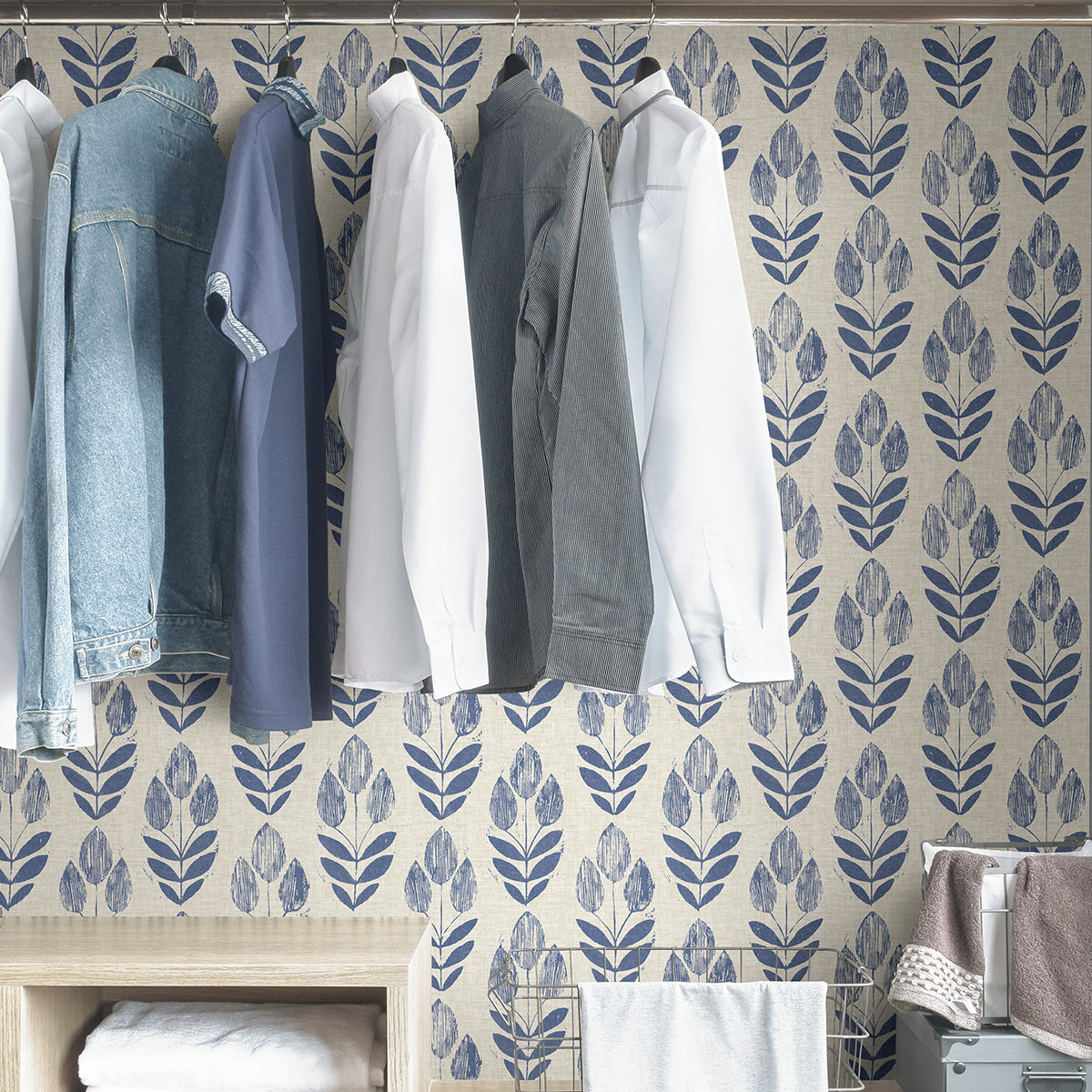 Blue Folk Tulip Peel and Stick Wallpaper - Brewster Wallcovering