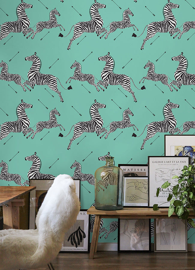 Aqua Zebra Safari Peel and Stick Wallpaper - Brewster Wallcovering