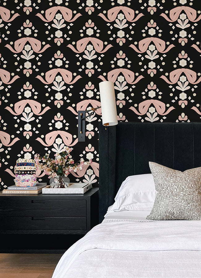 Bow Damask Black Peel and Stick Wallpaper - Brewster Wallcovering