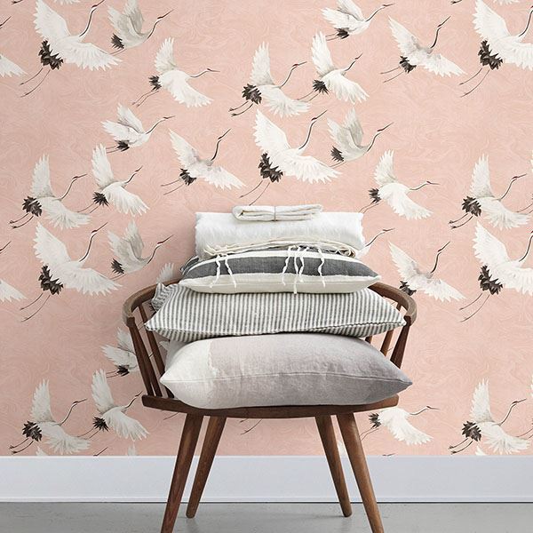 Windsong Pink Crane Wallpaper - Brewster Wallcovering