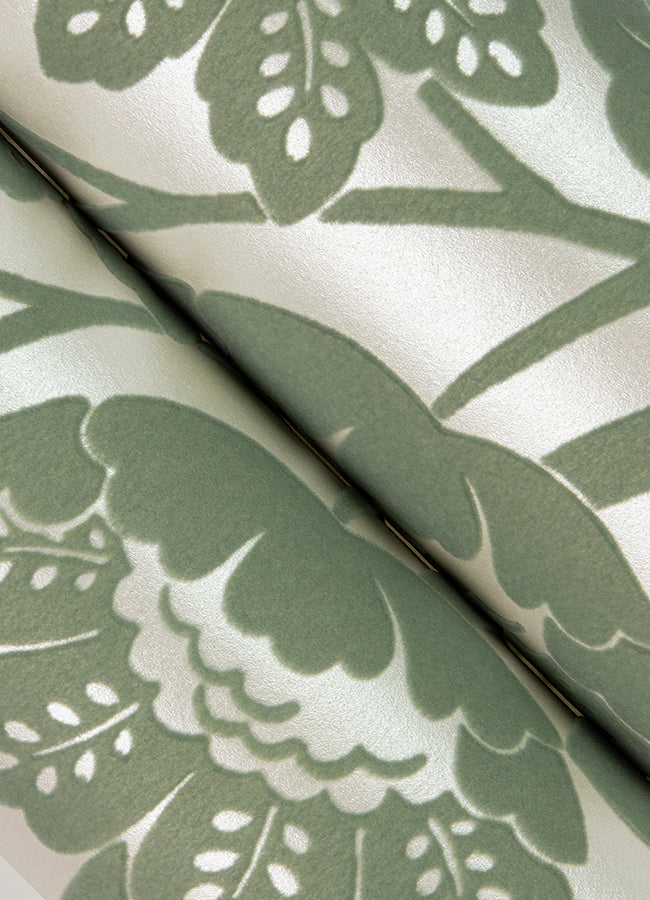 Augusta Seafoam Flock Damask Wallpaper - Brewster Wallcovering