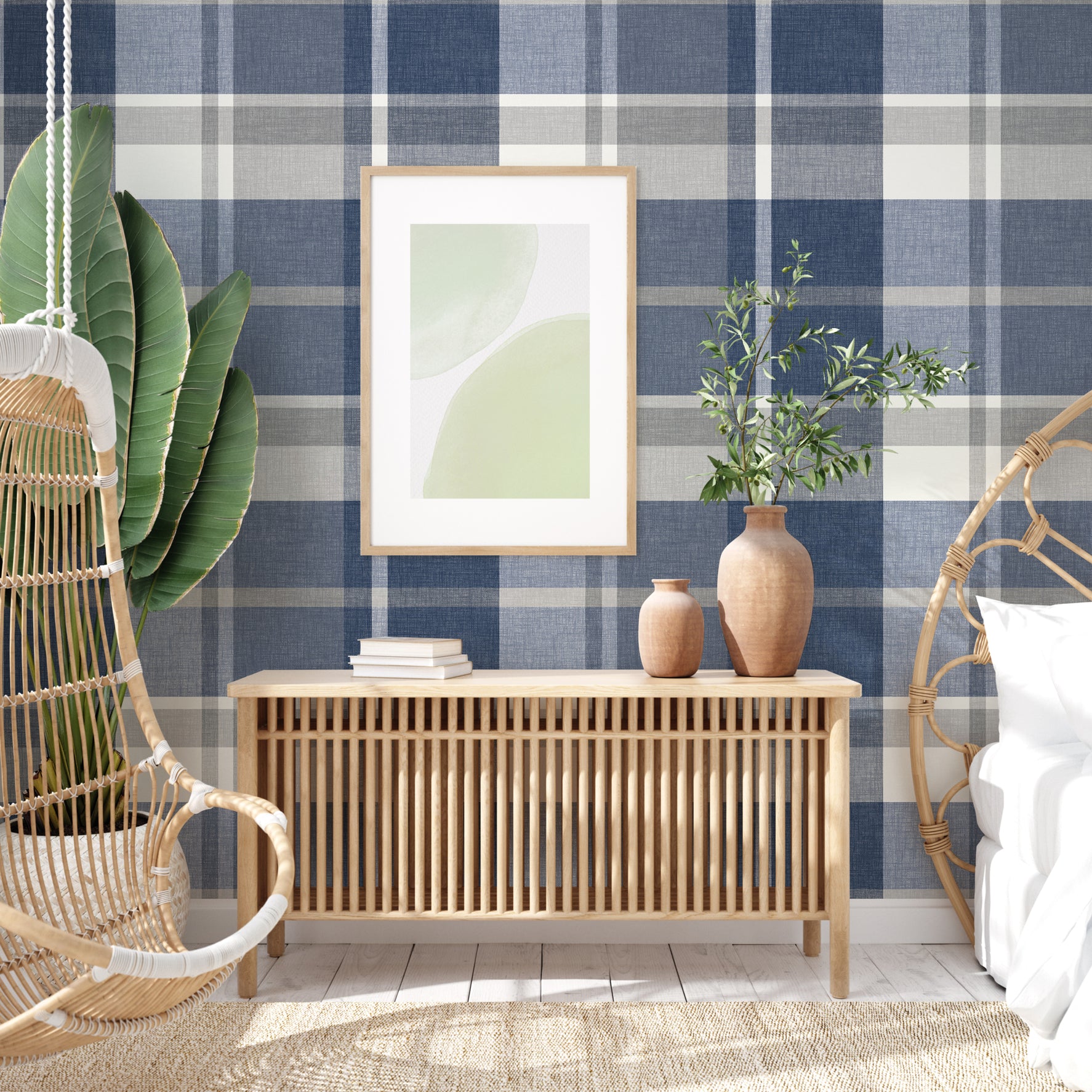 Madaket Indigo Plaid Wallpaper - Brewster Wallcovering