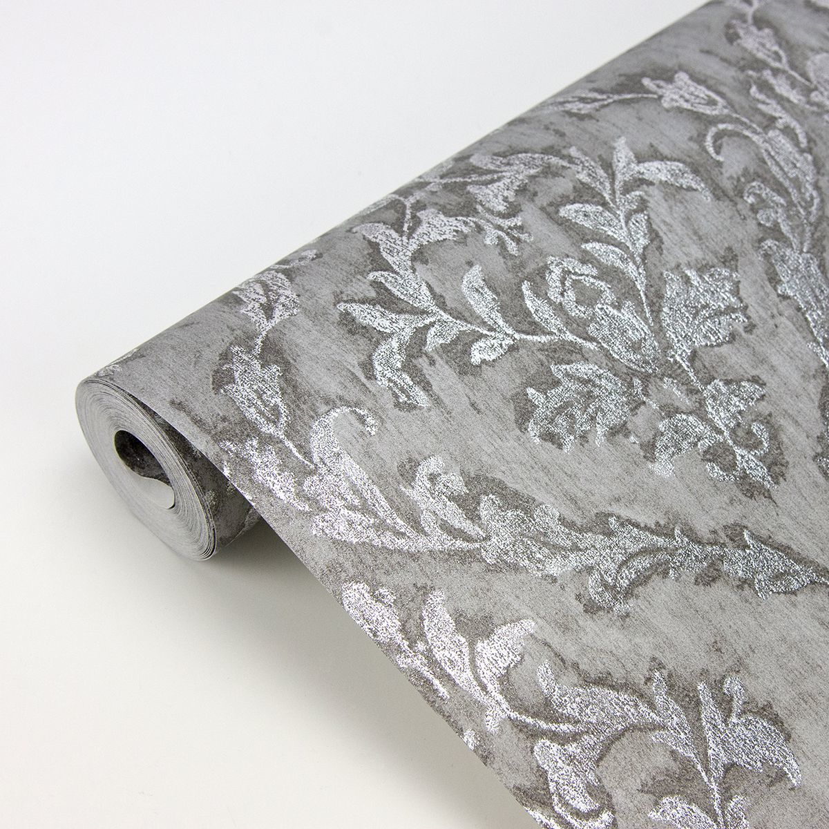 Lyra Pewter Damask Wallpaper - Brewster Wallcovering