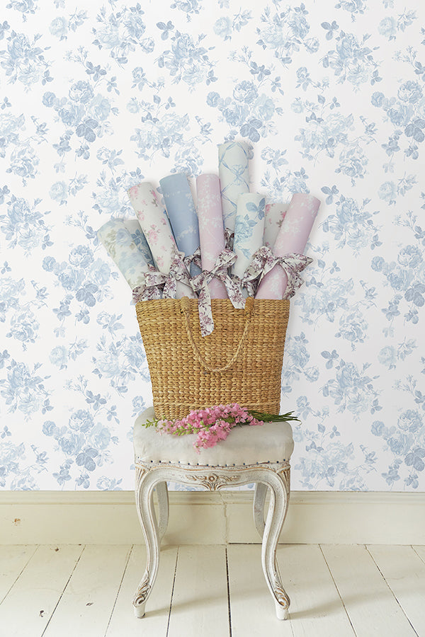 Blue Bella Ribbon Everblooming Rosettes Peel and Stick Wallpaper - Brewster Wallcovering