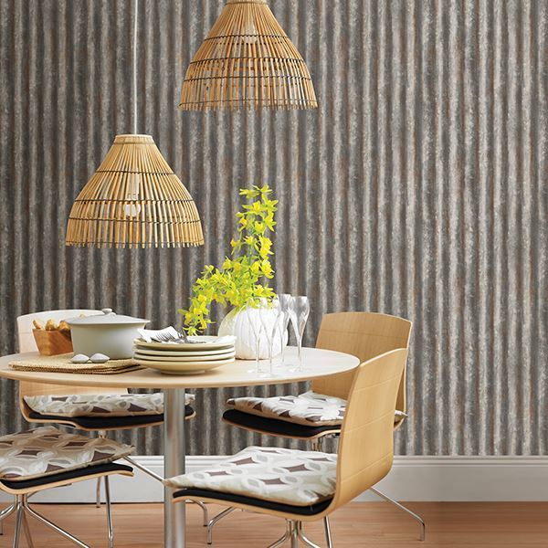 Corrugated Metal Charcoal Industrial Texture - Brewster Wallcovering