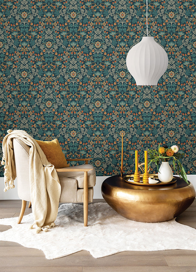 Lila Blue Strawberry Floral Wallpaper - Brewster Wallcovering