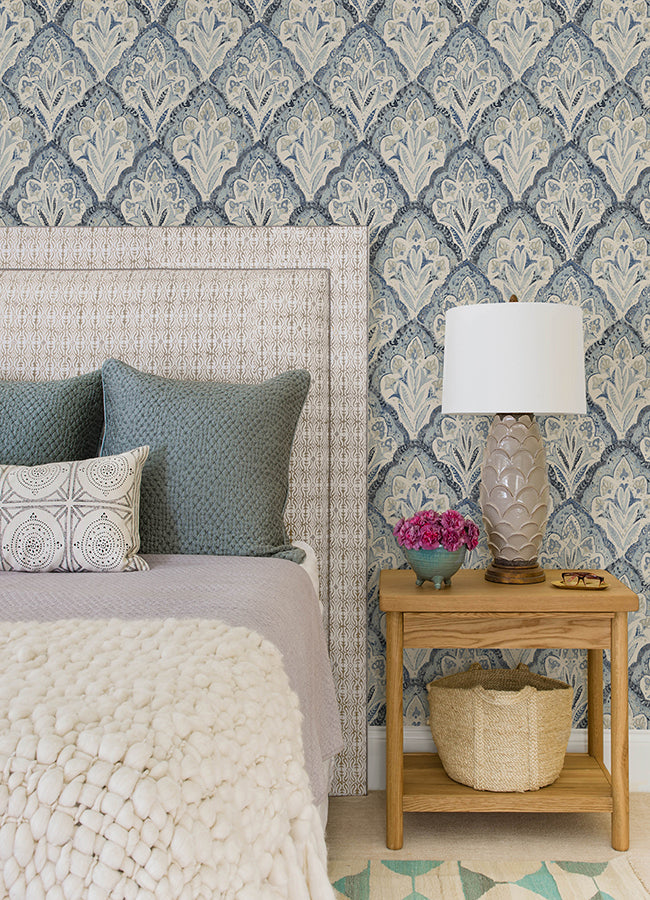 Mimir Blue Quilted Damask Wallpaper - Brewster Wallcovering