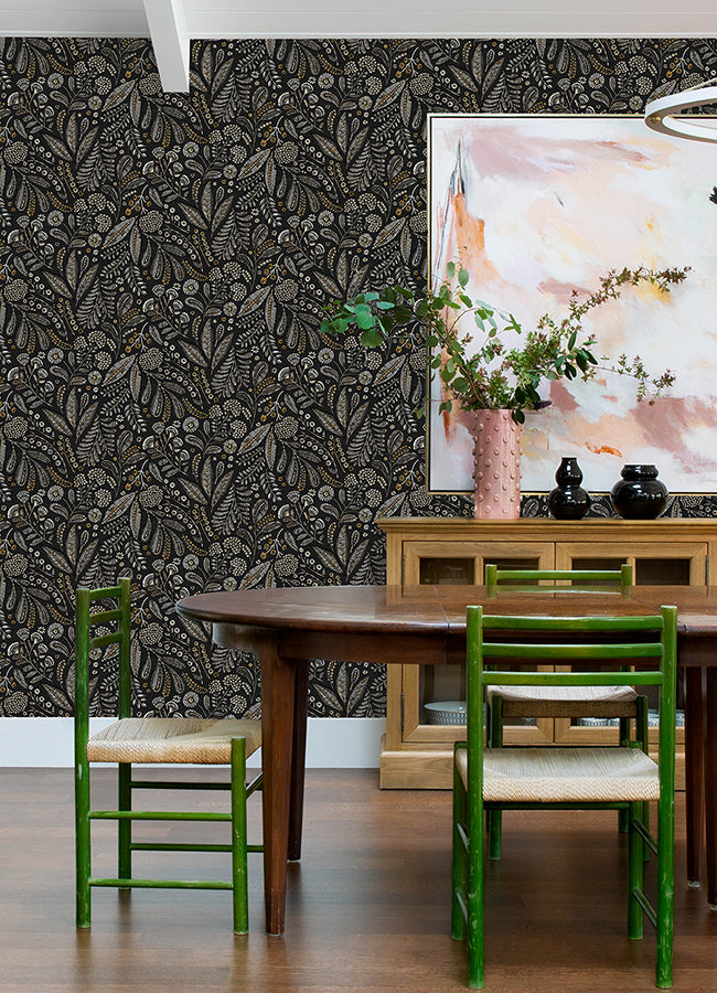 Briar Black Floral Wallpaper - Brewster Wallcovering