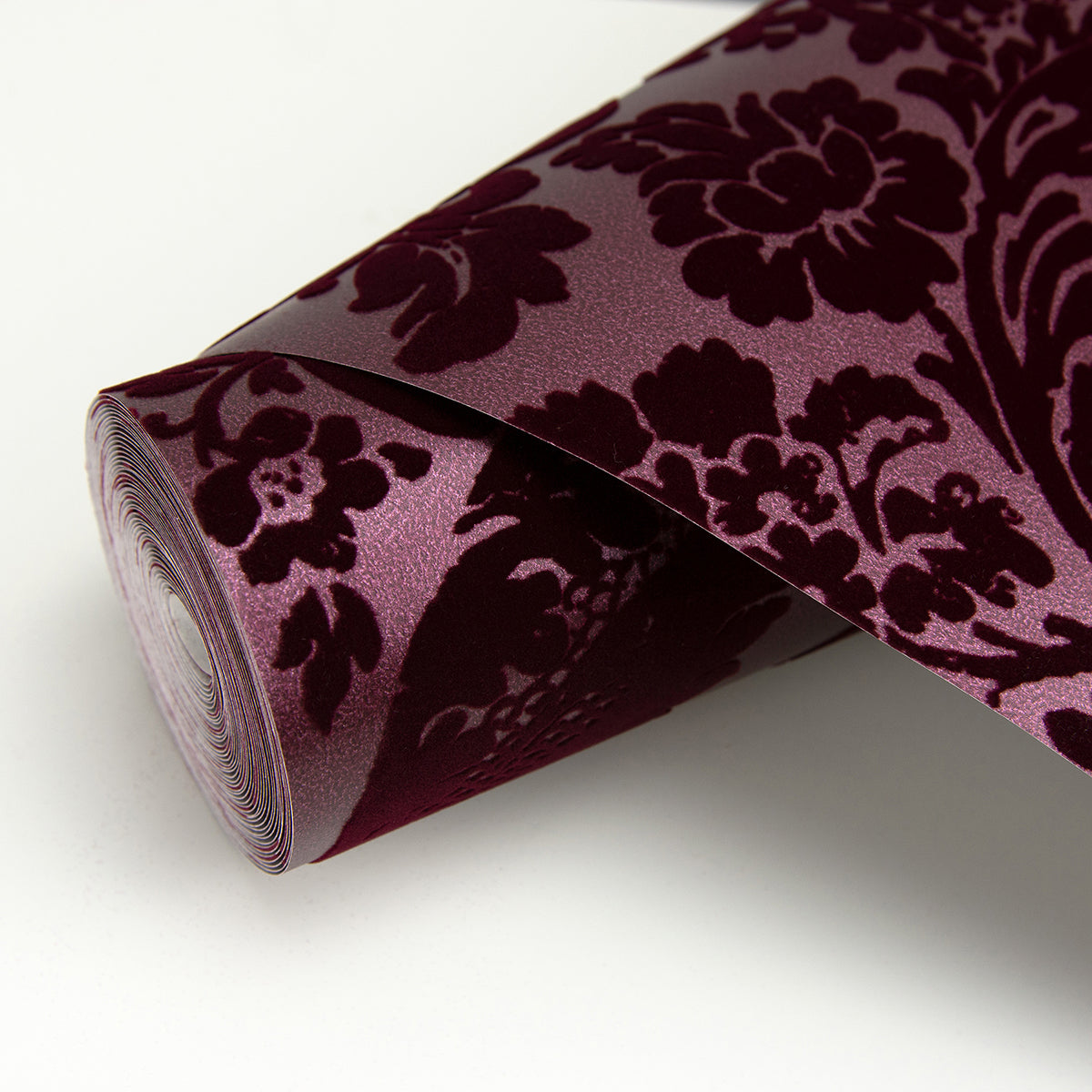 Shadow Merlot Flocked Damask Wallpaper - Brewster Wallcovering