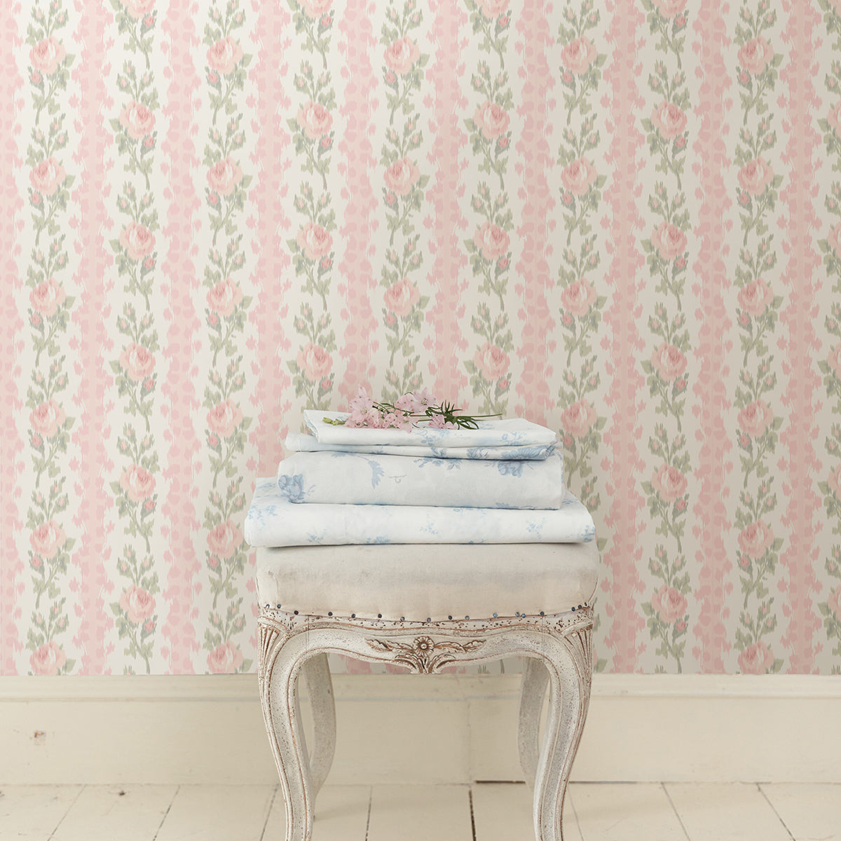 Picture of Blooming Heirloom Marie Pink Rose Stripe Wallpaper