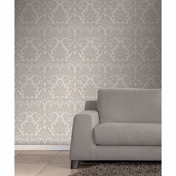 Blythe Neutral Damask Wallpaper - Brewster Wallcovering