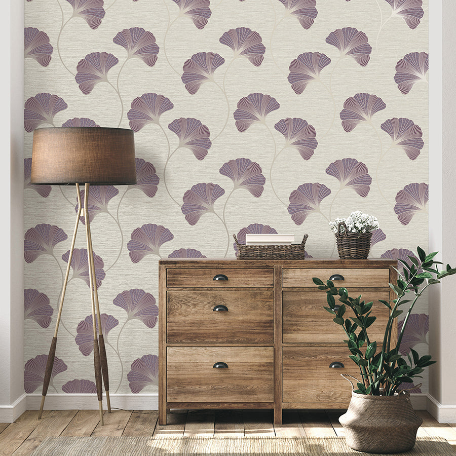 Miya Plum Ginkgo Wallpaper - Brewster Wallcovering