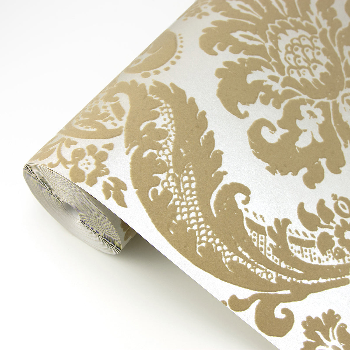 Shadow Khaki Flocked Damask Wallpaper - Brewster Wallcovering