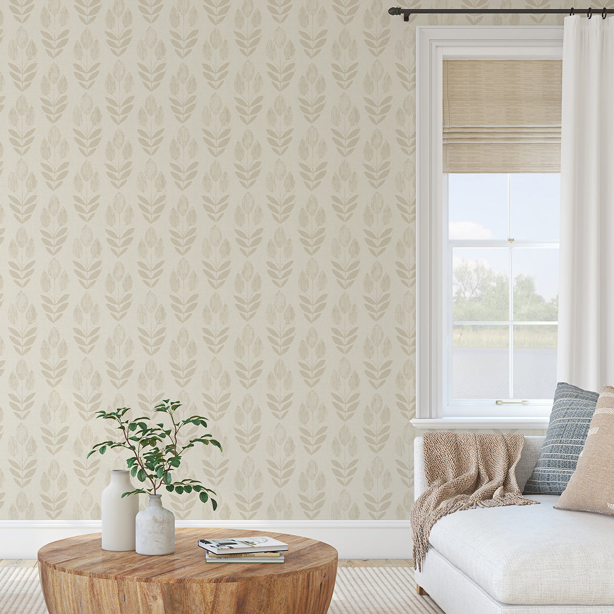 Cream Folk Tulip Peel and Stick Wallpaper - Brewster Wallcovering