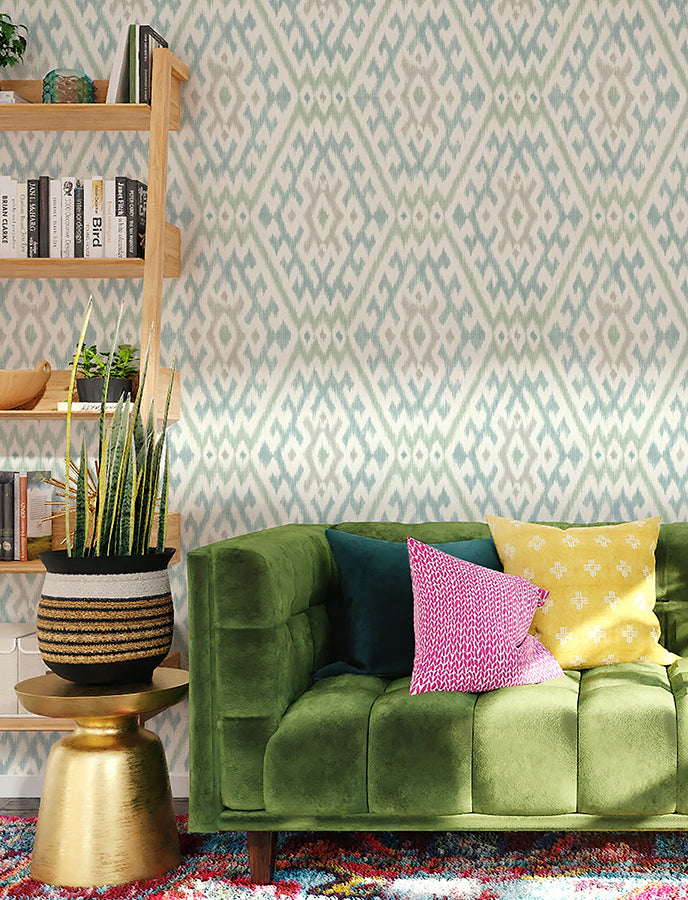 Solola Aqua Ikat Wallpaper - Brewster Wallcovering