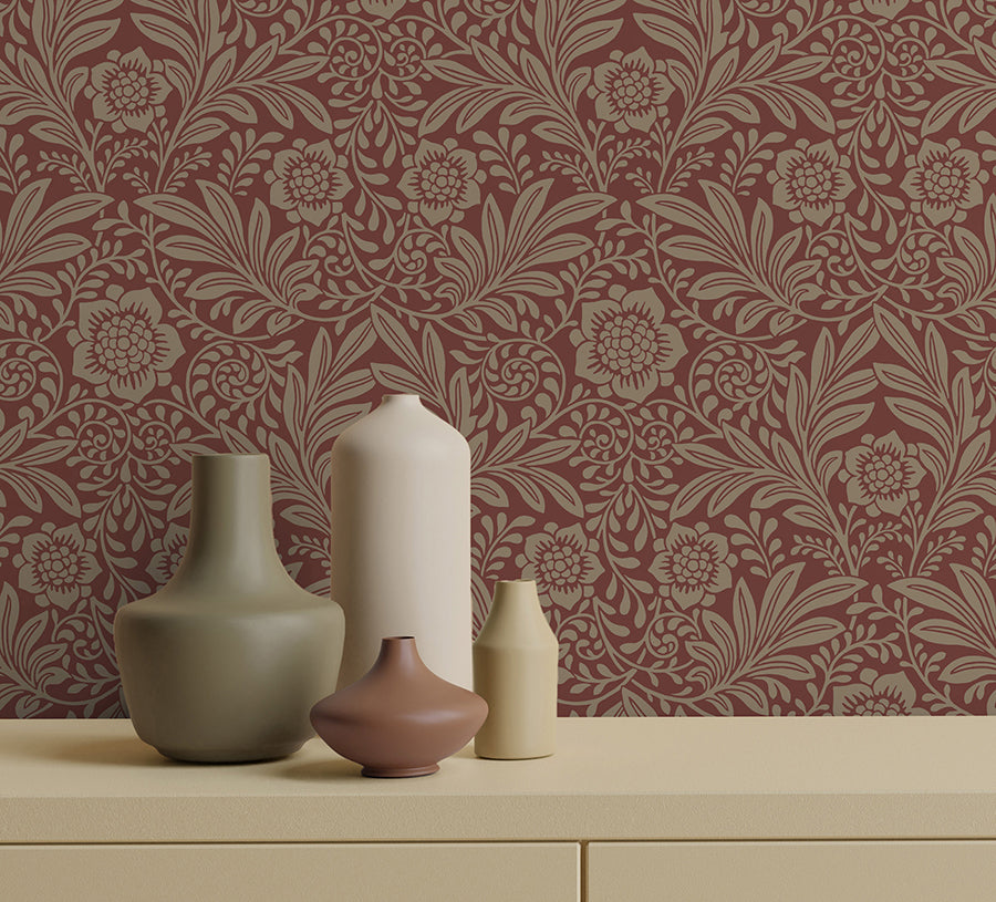 Camille Red Damask Wallpaper - Brewster Wallcovering