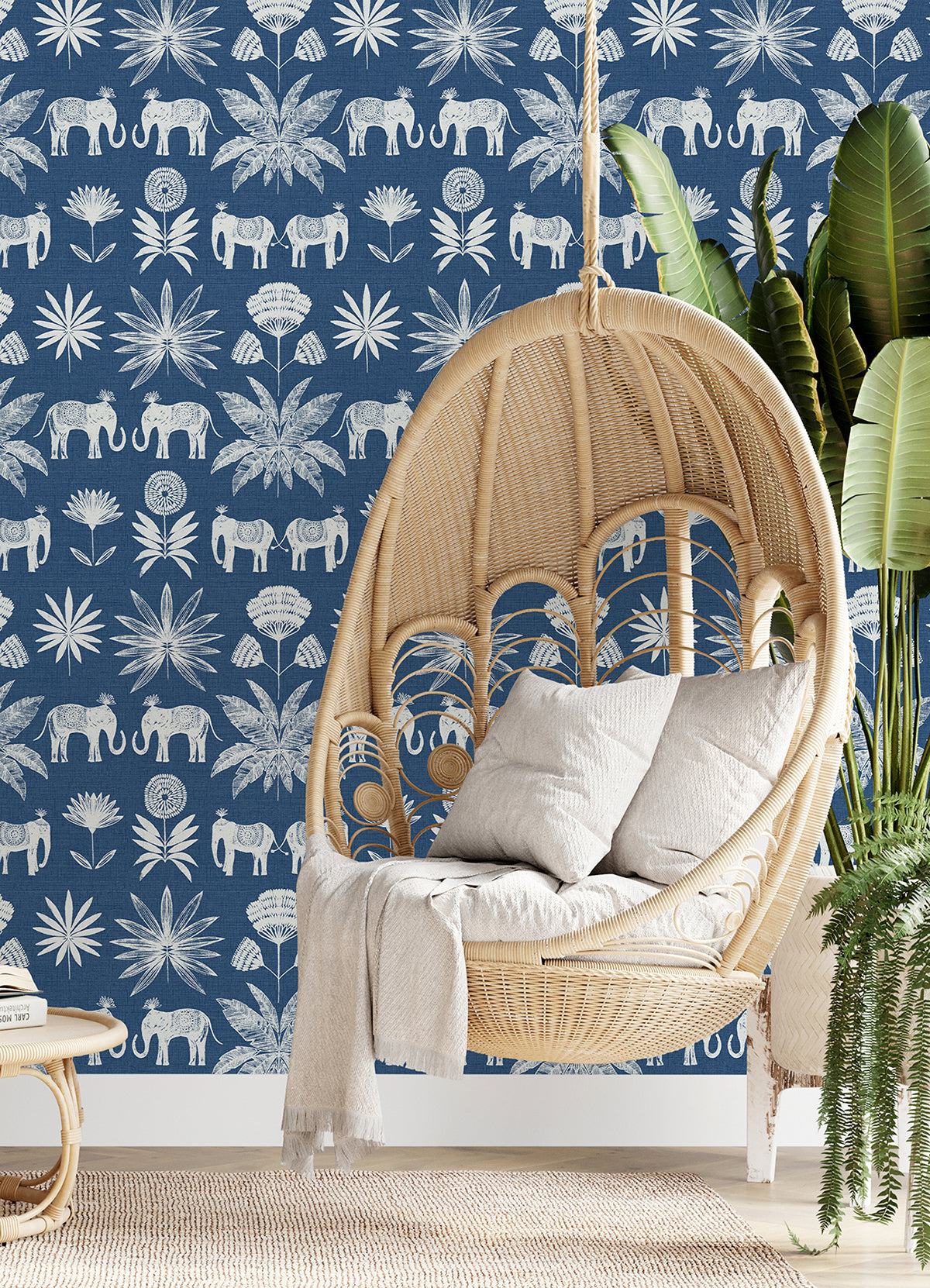 Bazaar Blue Elephant Oasis Wallpaper - Brewster Wallcovering