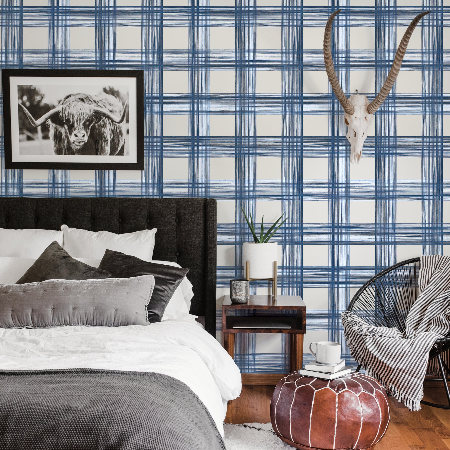 Scarborough Indigo Striated Plaid Wallpaper - Brewster Wallcovering