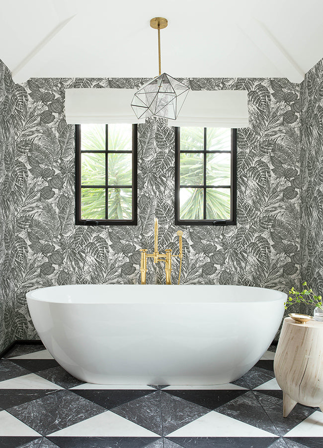 Brentwood Black Palm Leaves Wallpaper by Scott Living - Brewster Wallcovering