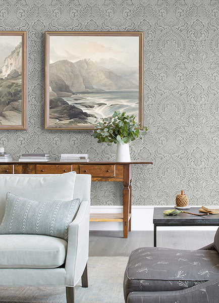 Artemis Silver Damask Wallpaper - Brewster Wallcovering