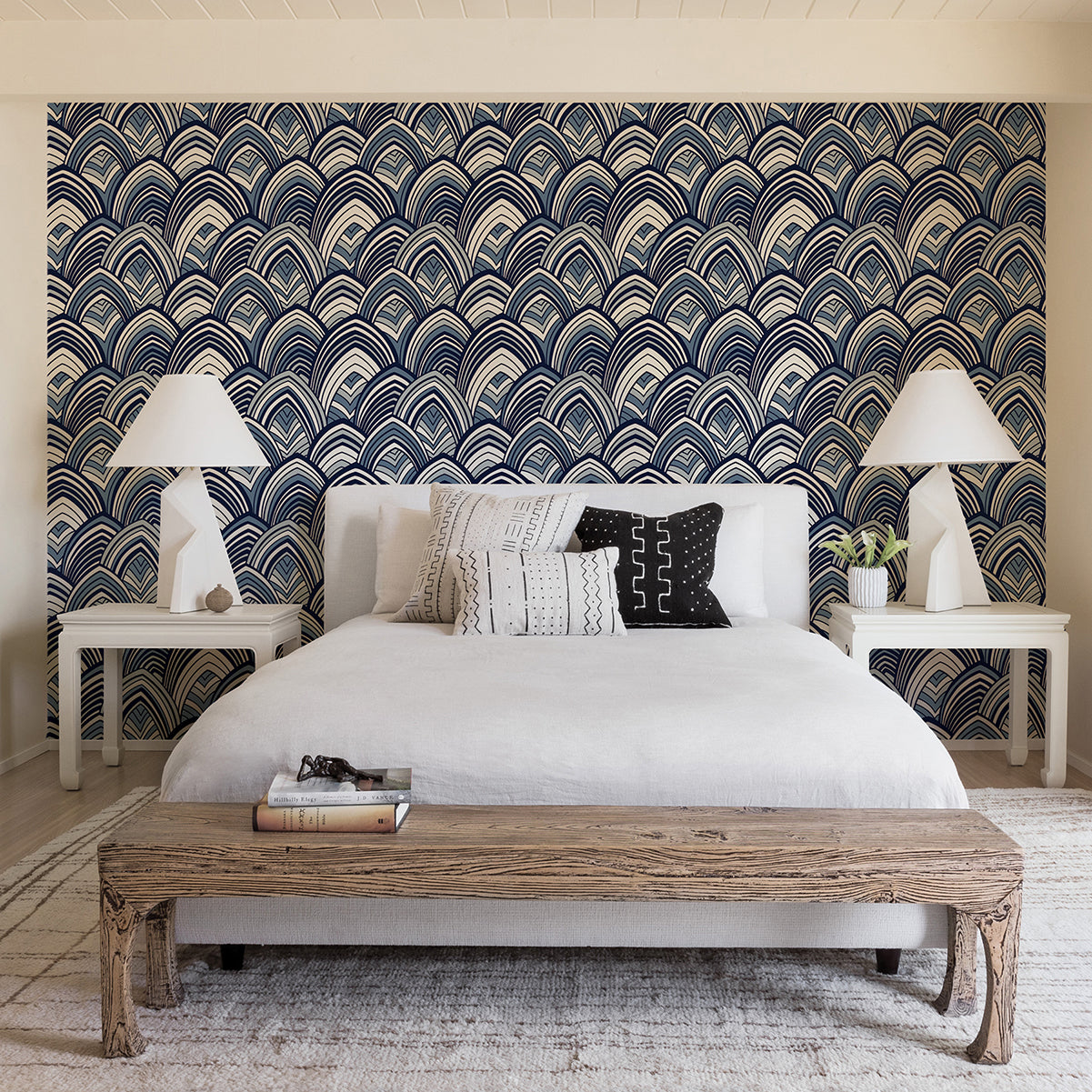 Cabarita Indigo Art Deco Flocked Leaves Wallpaper - Brewster Wallcovering