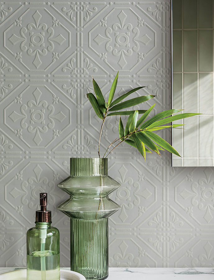 Brooklyn White Tin Paintable Wallpaper - Brewster Wallcovering