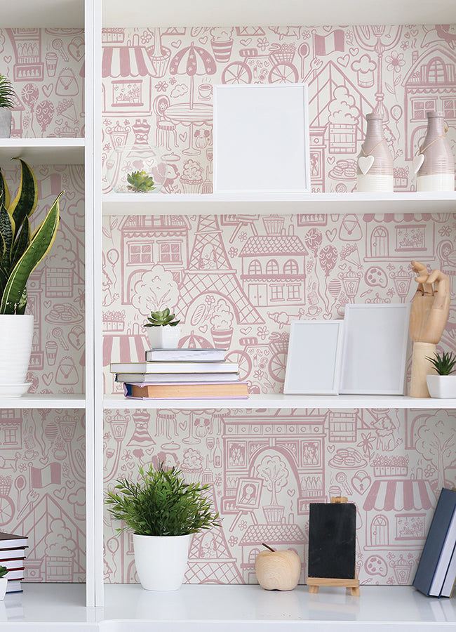 Oui Paris Pink Peel and Stick Wallpaper - Brewster Wallcovering