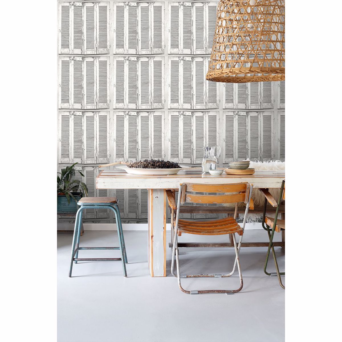 Lansbury Off-White Distressed Shutter Wallpaper - Brewster Wallcovering