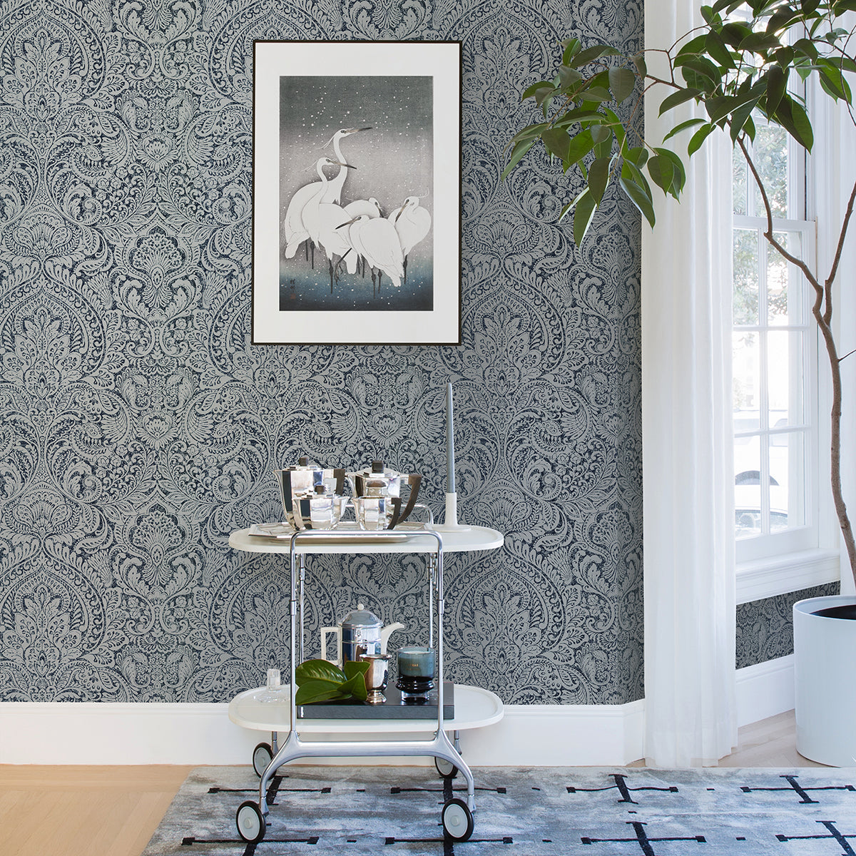 Artemis Sapphire Floral Damask Wallpaper - Brewster Wallcovering