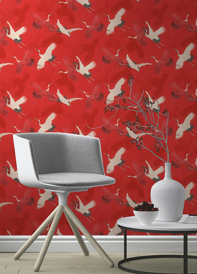 Kusama Red Crane Wallpaper - Brewster Wallcovering