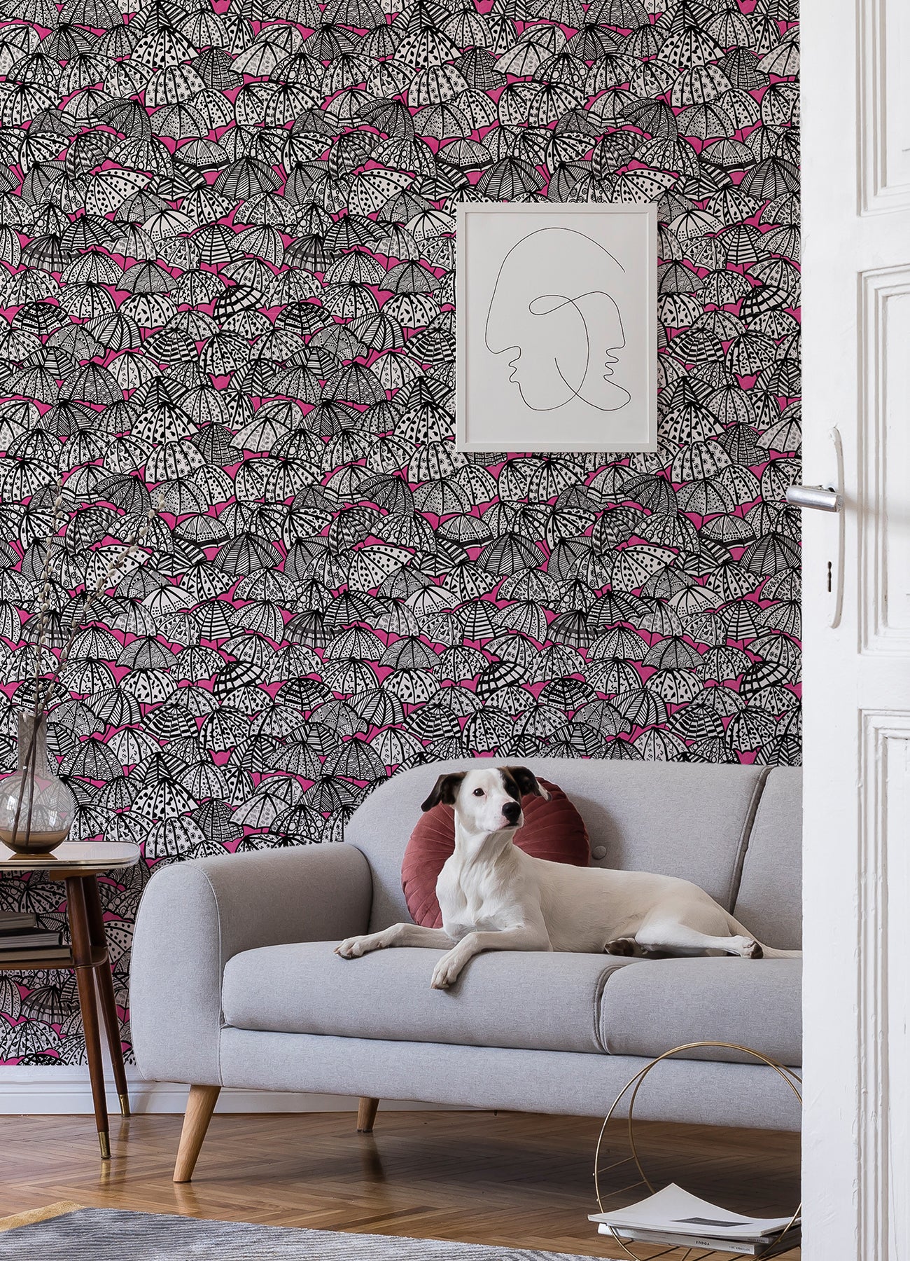 Dara Raspberry Jolly Brollies Wallpaper - Brewster Wallcovering