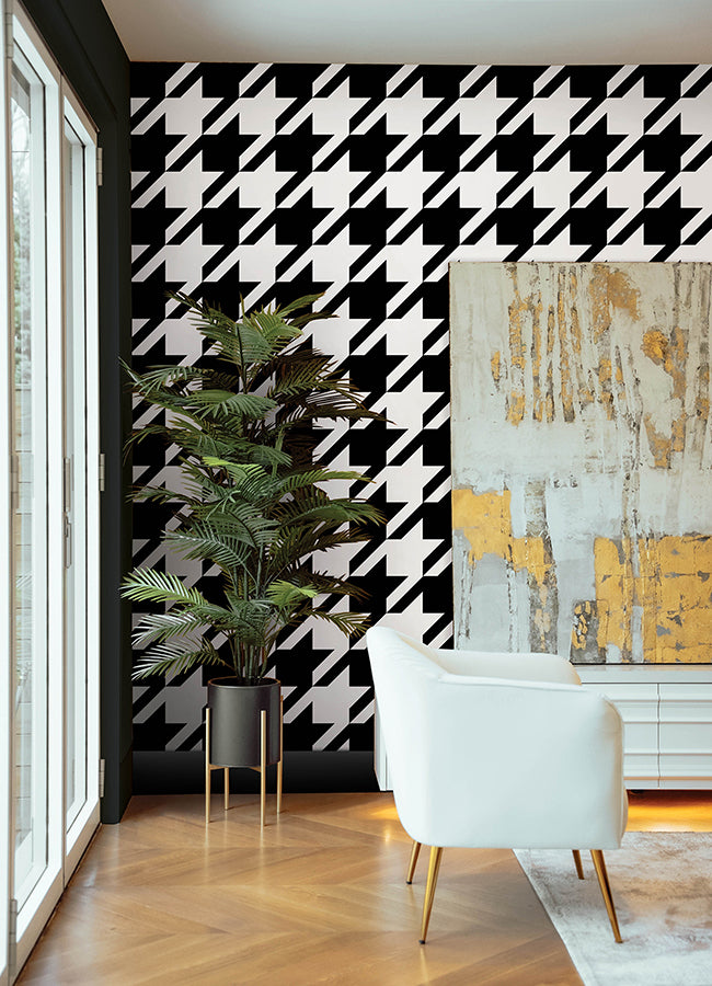 Black RuHoundstooth Peel and Stick Wallpaper - Brewster Wallcovering