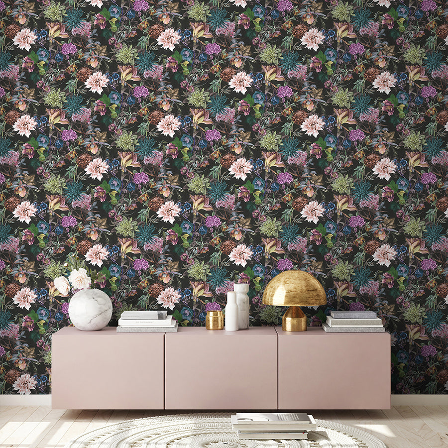 Althea Black Flower Garden Wallpaper - Brewster Wallcovering