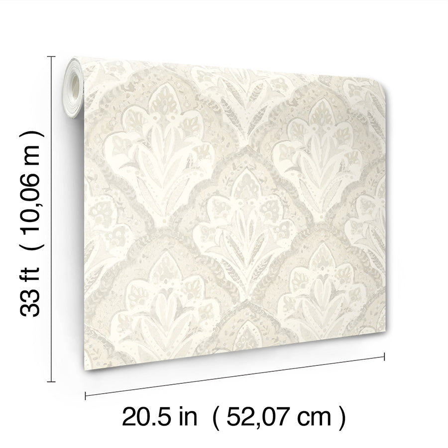 Mimir Dove Quilted Damask Wallpaper - Brewster Wallcovering