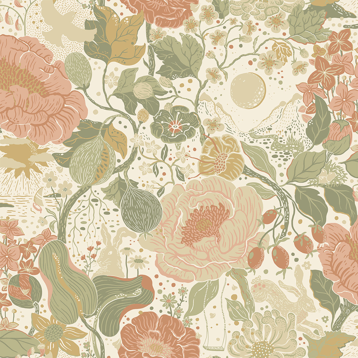 Picture of Växa Green Rabbits & Rosehips Wallpaper