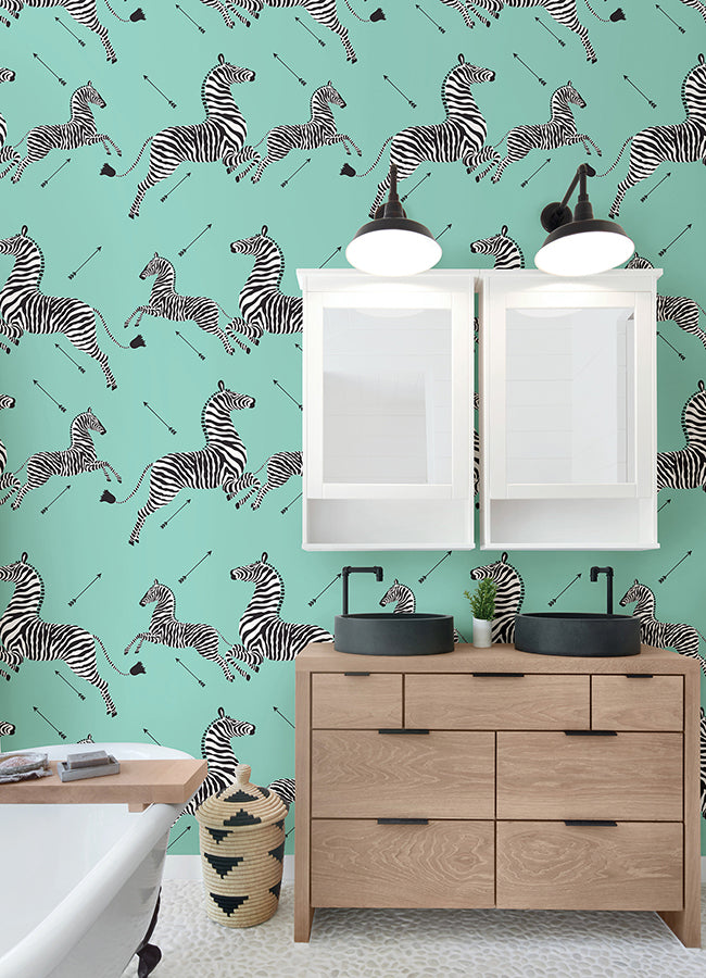 Aqua Zebra Safari Peel and Stick Wallpaper - Brewster Wallcovering