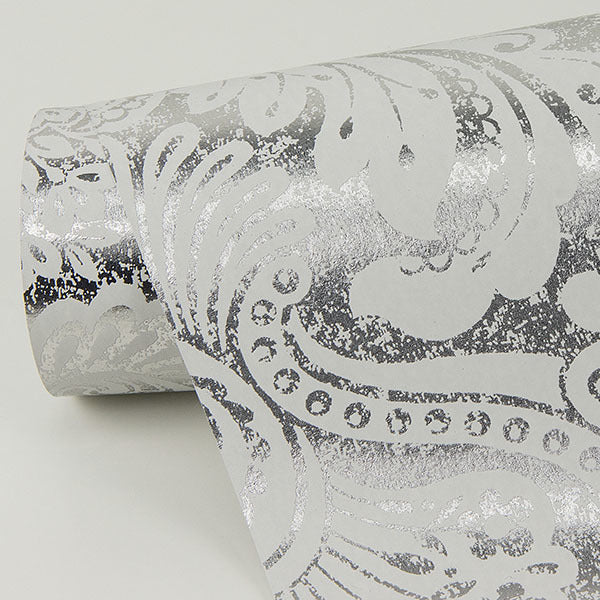 Artemis Platinum Damask Wallpaper - Brewster Wallcovering