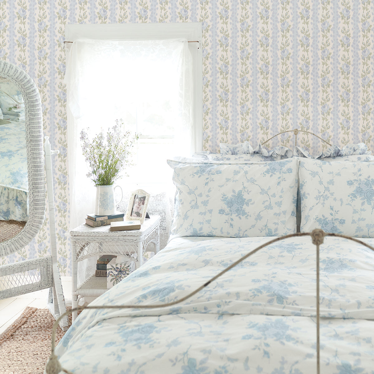 Blooming Heirloom Light Blue Rose Stripe Wallpaper - Brewster Wallcovering