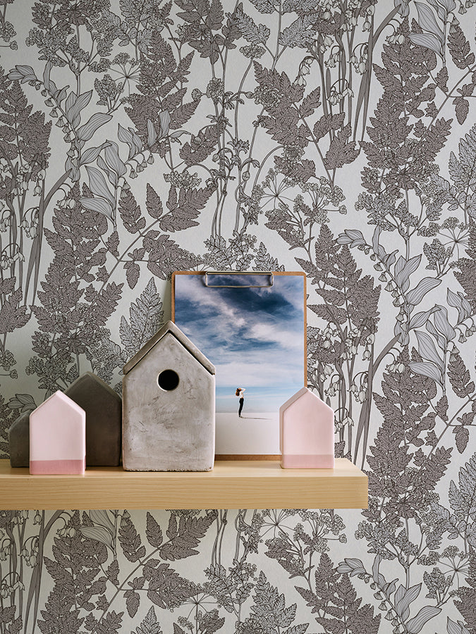 Ayla Light Grey Wildflowers Wallpaper - Brewster Wallcovering